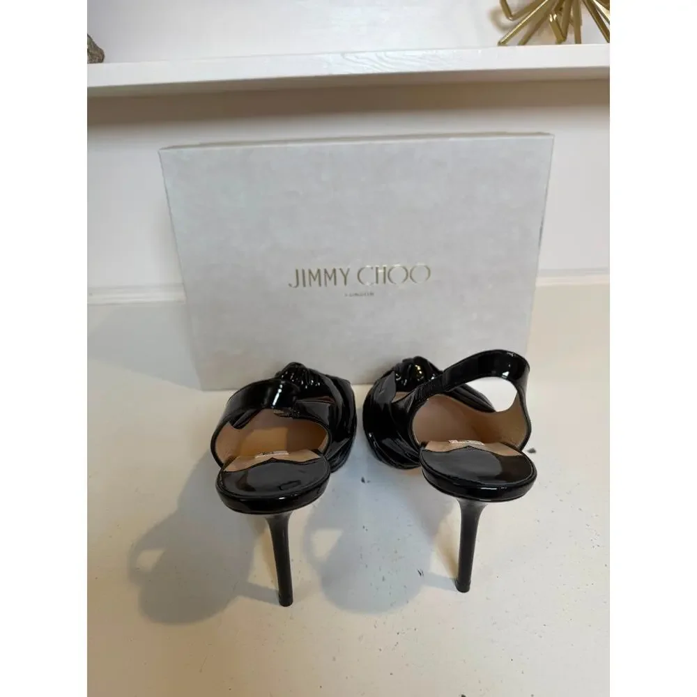NWB Jimmy Choo Patent Leather Bow Accents Slingback Pumps Black Womens Size 40